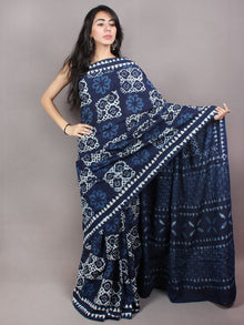 Indigo White Cotton Hand Block Printed & Painted Saree - S03170737