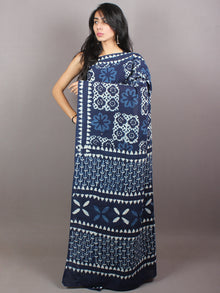 Indigo White Cotton Hand Block Printed & Painted Saree - S03170737