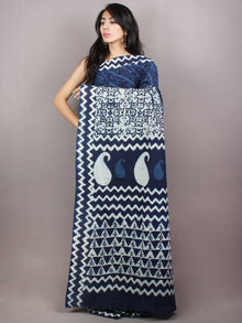 Indigo Cotton Hand Block Printed Saree in Natural Colors - S03170738