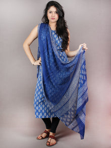 Indigo Beige Hand Block Printed Cotton Suit-Salwar Fabric With Chiffon Dupatta - S1628074