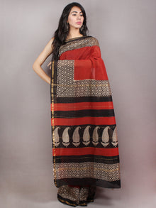 Red Beige Black Bagru Hand Block Printed & Hand Putai Chanderi Saree - S03170741