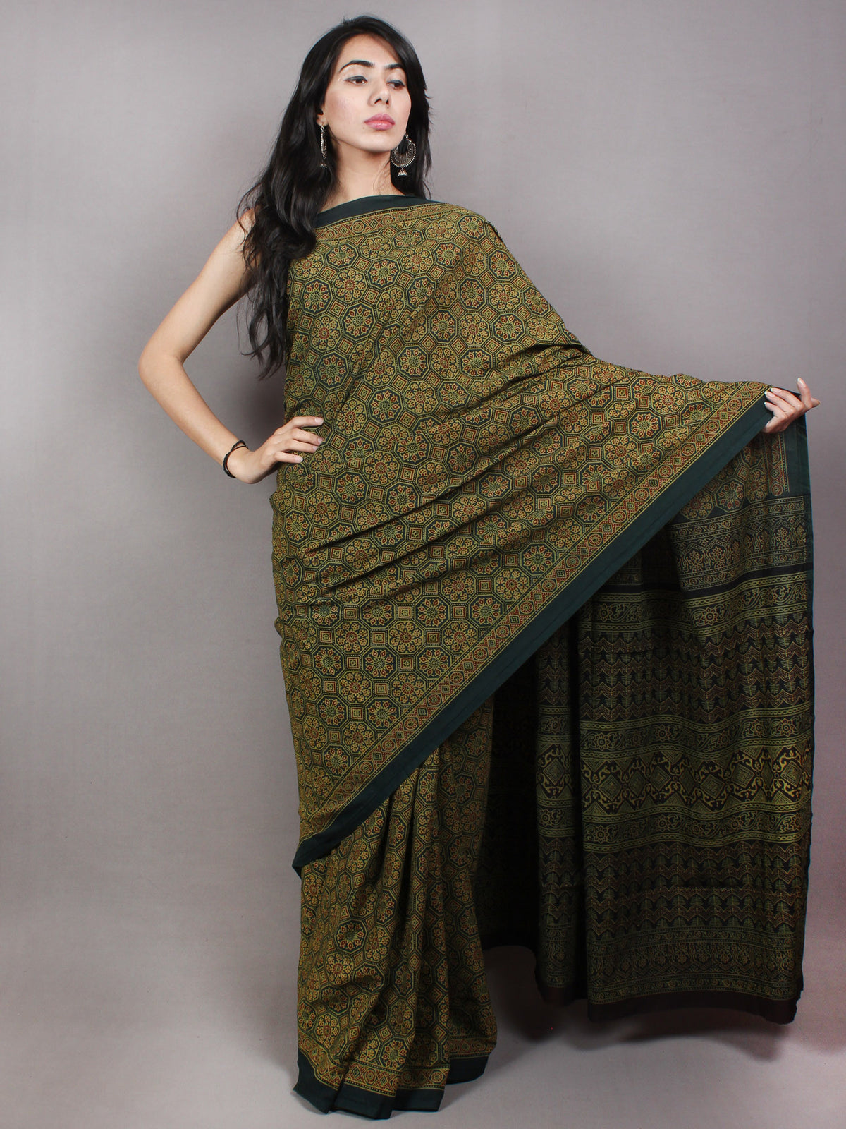 Dark Green Beige Mughal Nakashi Ajrakh Hand Block Printed in Natural Vegetable Colors Cotton Mul Saree - S03170743