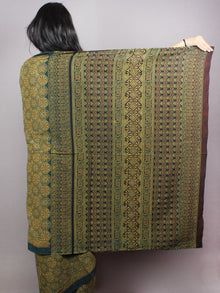 Dark Green Beige Mughal Nakashi Ajrakh Hand Block Printed in Natural Vegetable Colors Cotton Mul Saree - S03170743