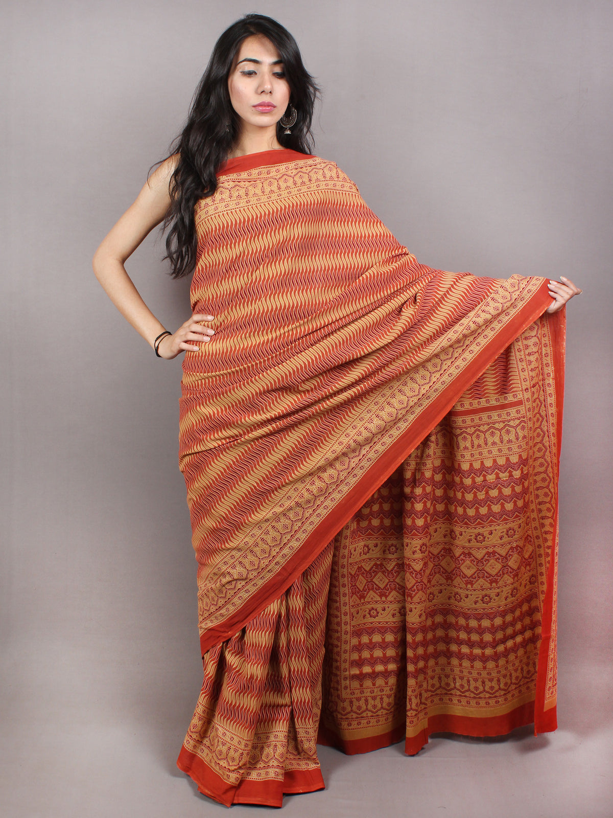 Red Beige Yellow Maroon Mughal Nakashi Ajrakh Hand Block Printed in Natural Vegetable Colors Cotton Mul Saree - S03170744