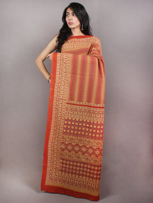 Red Beige Yellow Maroon Mughal Nakashi Ajrakh Hand Block Printed in Natural Vegetable Colors Cotton Mul Saree - S03170744