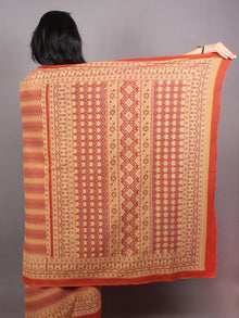 Red Beige Yellow Maroon Mughal Nakashi Ajrakh Hand Block Printed in Natural Vegetable Colors Cotton Mul Saree - S03170744
