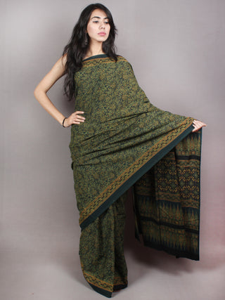 Dark Green Beige Mughal Nakashi Ajrakh Hand Block Printed in Natural Vegetable Colors Cotton Mul Saree - S03170745