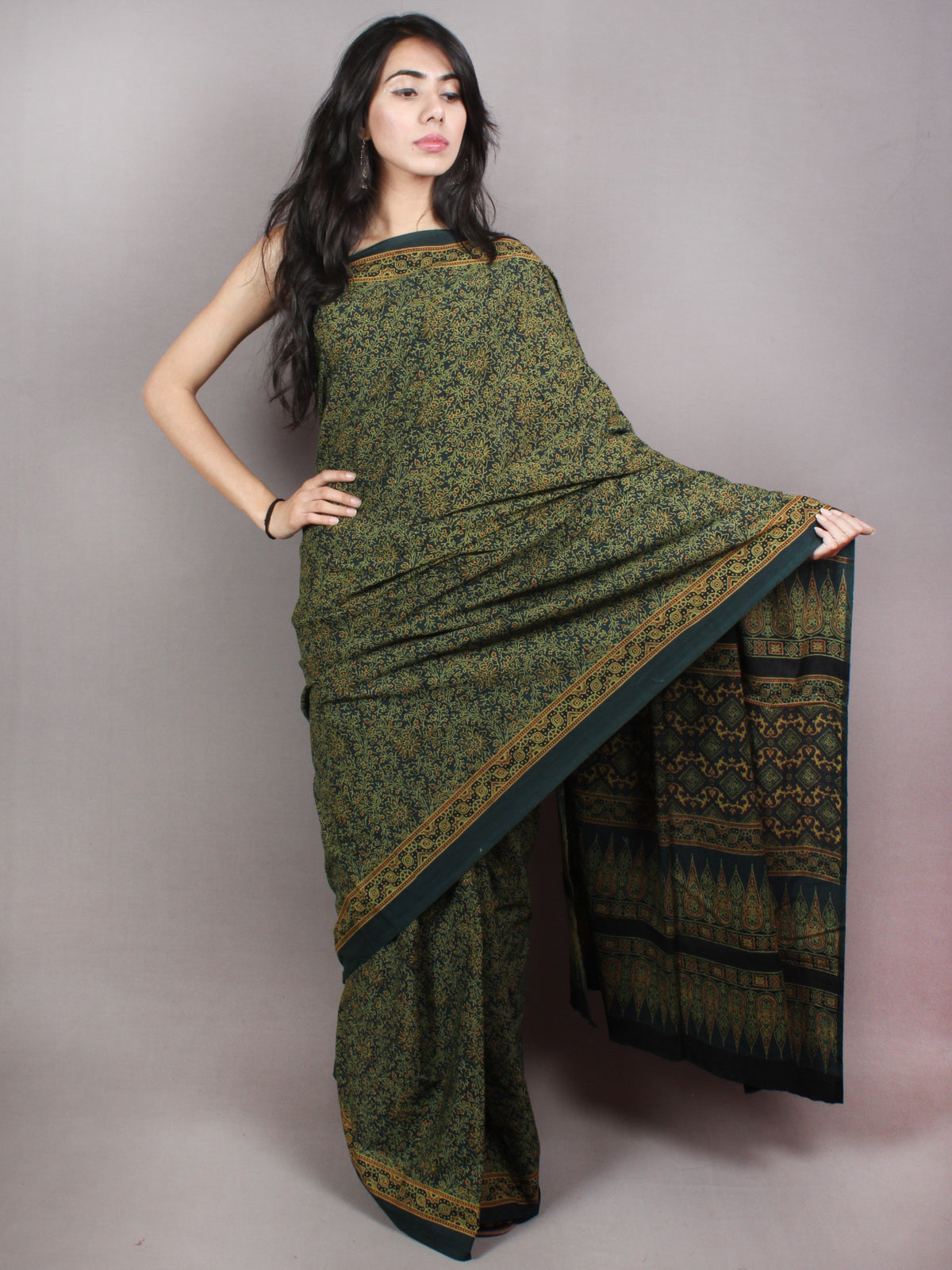 Dark Green Beige Mughal Nakashi Ajrakh Hand Block Printed in Natural Vegetable Colors Cotton Mul Saree - S03170745