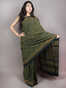 Dark Green Beige Mughal Nakashi Ajrakh Hand Block Printed in Natural Vegetable Colors Cotton Mul Saree - S03170745