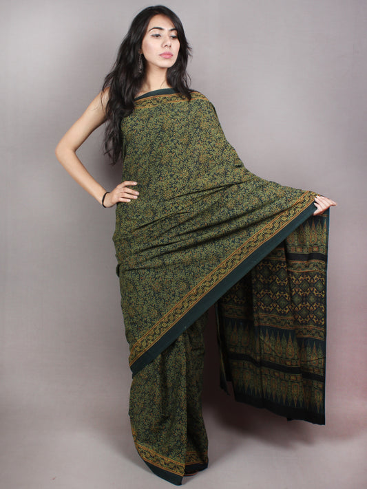 Dark Green Beige Mughal Nakashi Ajrakh Hand Block Printed in Natural Vegetable Colors Cotton Mul Saree - S03170745
