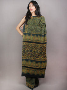 Dark Green Beige Mughal Nakashi Ajrakh Hand Block Printed in Natural Vegetable Colors Cotton Mul Saree - S03170745