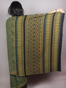 Dark Green Beige Mughal Nakashi Ajrakh Hand Block Printed in Natural Vegetable Colors Cotton Mul Saree - S03170745
