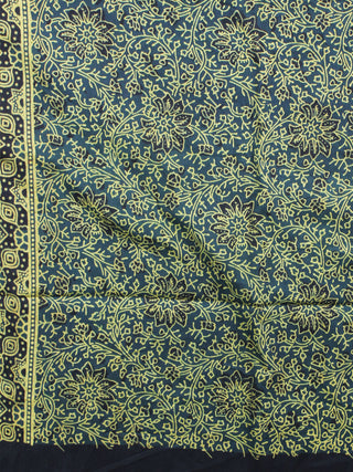 Dark Green Beige Mughal Nakashi Ajrakh Hand Block Printed in Natural Vegetable Colors Cotton Mul Saree - S03170745