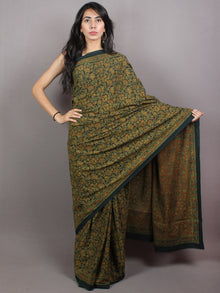 Dark Green Beige Mughal Nakashi Ajrakh Hand Block Printed in Natural Vegetable Colors Cotton Mul Saree - S03170746