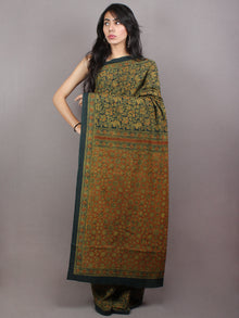 Dark Green Beige Mughal Nakashi Ajrakh Hand Block Printed in Natural Vegetable Colors Cotton Mul Saree - S03170746