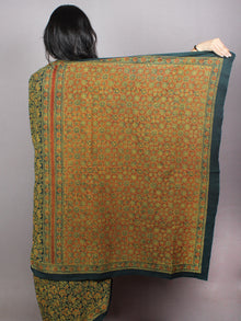 Dark Green Beige Mughal Nakashi Ajrakh Hand Block Printed in Natural Vegetable Colors Cotton Mul Saree - S03170746