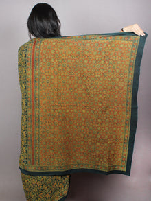 Dark Green Beige Mughal Nakashi Ajrakh Hand Block Printed in Natural Vegetable Colors Cotton Mul Saree - S03170746