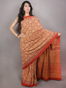 Red Beige Maroon Mughal Nakashi Ajrakh Hand Block Printed in Natural Vegetable Colors Cotton Mul Saree - S03170748