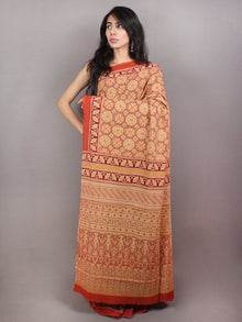Red Beige Maroon Mughal Nakashi Ajrakh Hand Block Printed in Natural Vegetable Colors Cotton Mul Saree - S03170748
