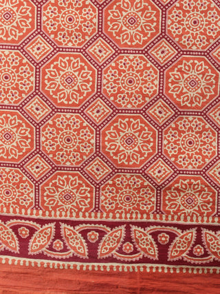 Red Beige Maroon Mughal Nakashi Ajrakh Hand Block Printed in Natural Vegetable Colors Cotton Mul Saree - S03170748