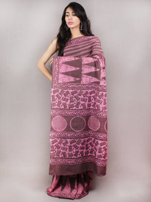 Brown Pink Dabu Cotton Hand Block Printed Saree - S03170749