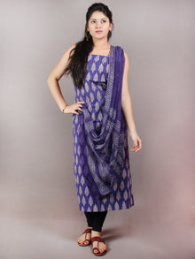 Indigo Beige Hand Block Printed Cotton Suit-Salwar Fabric With Chiffon Dupatta - S1628075