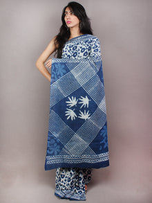 Indigo Ivory Dabu Cotton Hand Block Printed Saree - S03170754