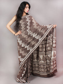 Brown Beige Ivory Hand Block Printed in Natural Colors Cotton Mul Saree - S03170755