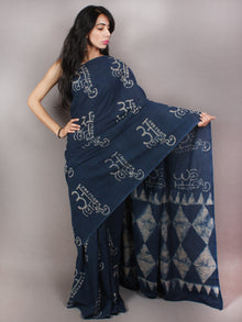 Indigo Beige Cotton Hand Block Printed Saree With faded texture in Natural Colors - S03170757