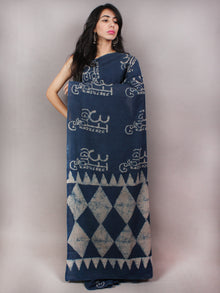 Indigo Beige Cotton Hand Block Printed Saree With faded texture in Natural Colors - S03170757