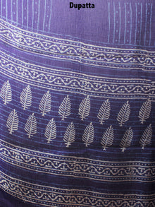 Indigo Beige Hand Block Printed Cotton Suit-Salwar Fabric With Chiffon Dupatta - S1628075