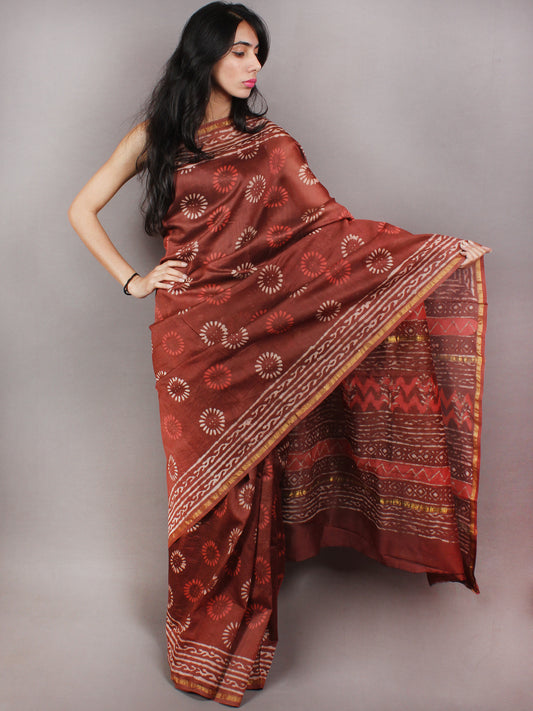Sepia Brown Ivory Red Hand Block Printed in Natural Colors Chanderi Saree - S03170770