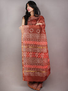 Sepia Brown Ivory Red Hand Block Printed in Natural Colors Chanderi Saree - S03170770