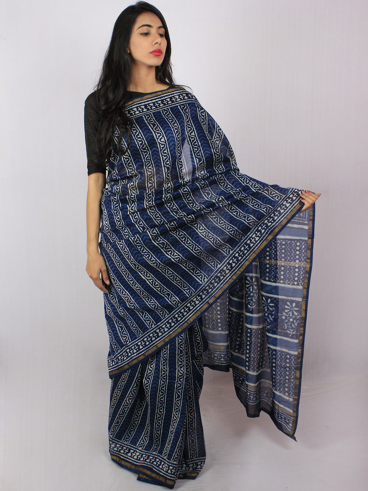 Indigo Ivory Blue Hand Block Printed in Natural Colors Chanderi Saree - S03170771