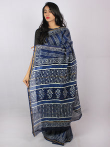 Indigo Ivory Blue Hand Block Printed in Natural Colors Chanderi Saree - S03170771