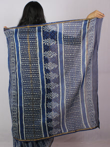 Indigo Ivory Blue Hand Block Printed in Natural Colors Chanderi Saree - S03170771
