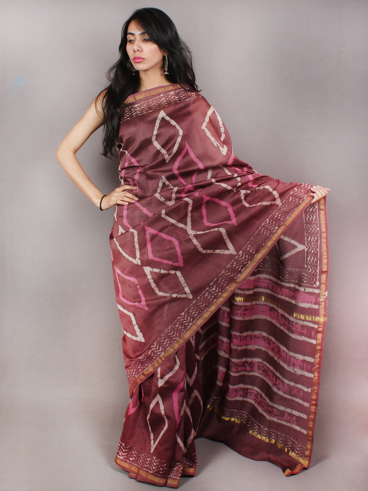 Sepia Brown Beige Pink Hand Block Printed in Natural Colors Chanderi Saree - S03170773