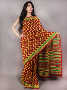 Maroon Yellow Green Hand Block Printed in Natural Colors Chanderi Saree - S03170774