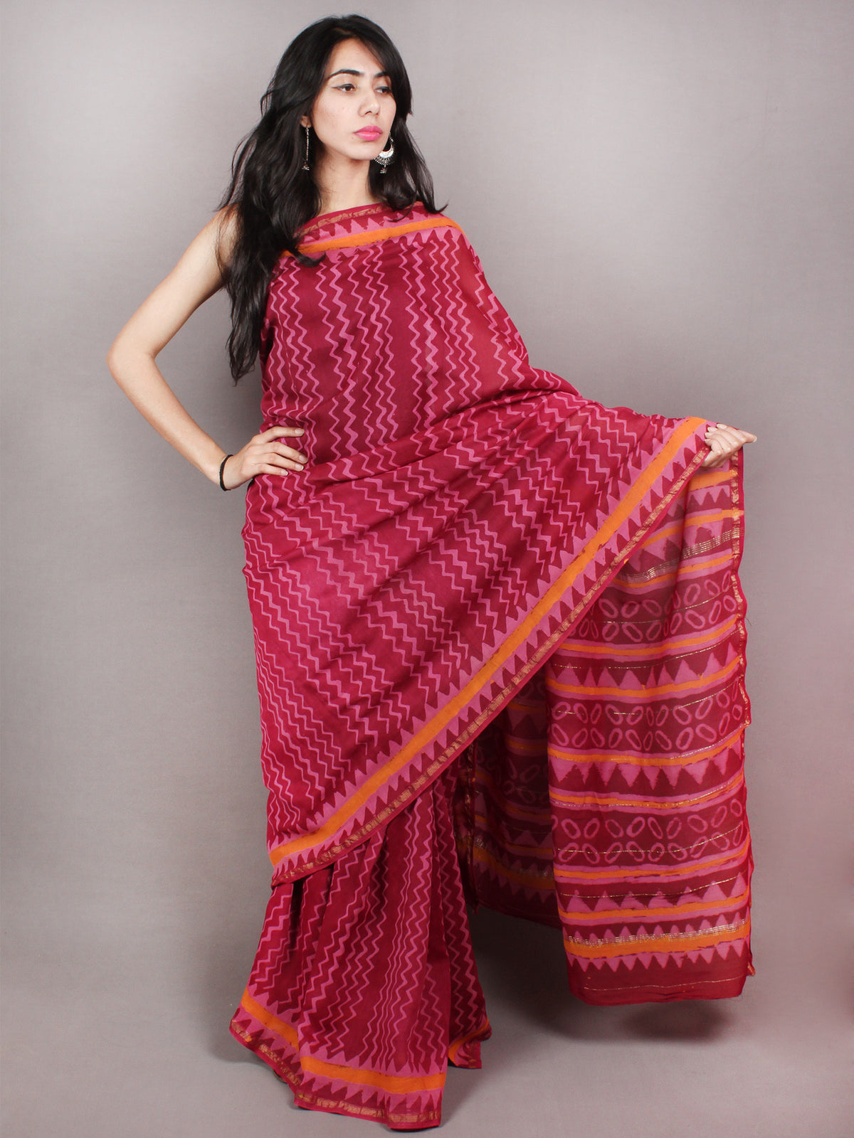 Maroon Pink Orange Hand Block Printed in Natural Colors Chanderi Saree - S03170777