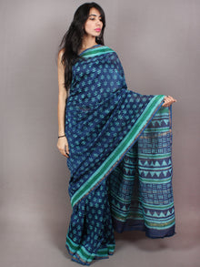 Indigo Blue Green Hand Block Printed in Natural Colors Chanderi Saree - S03170780