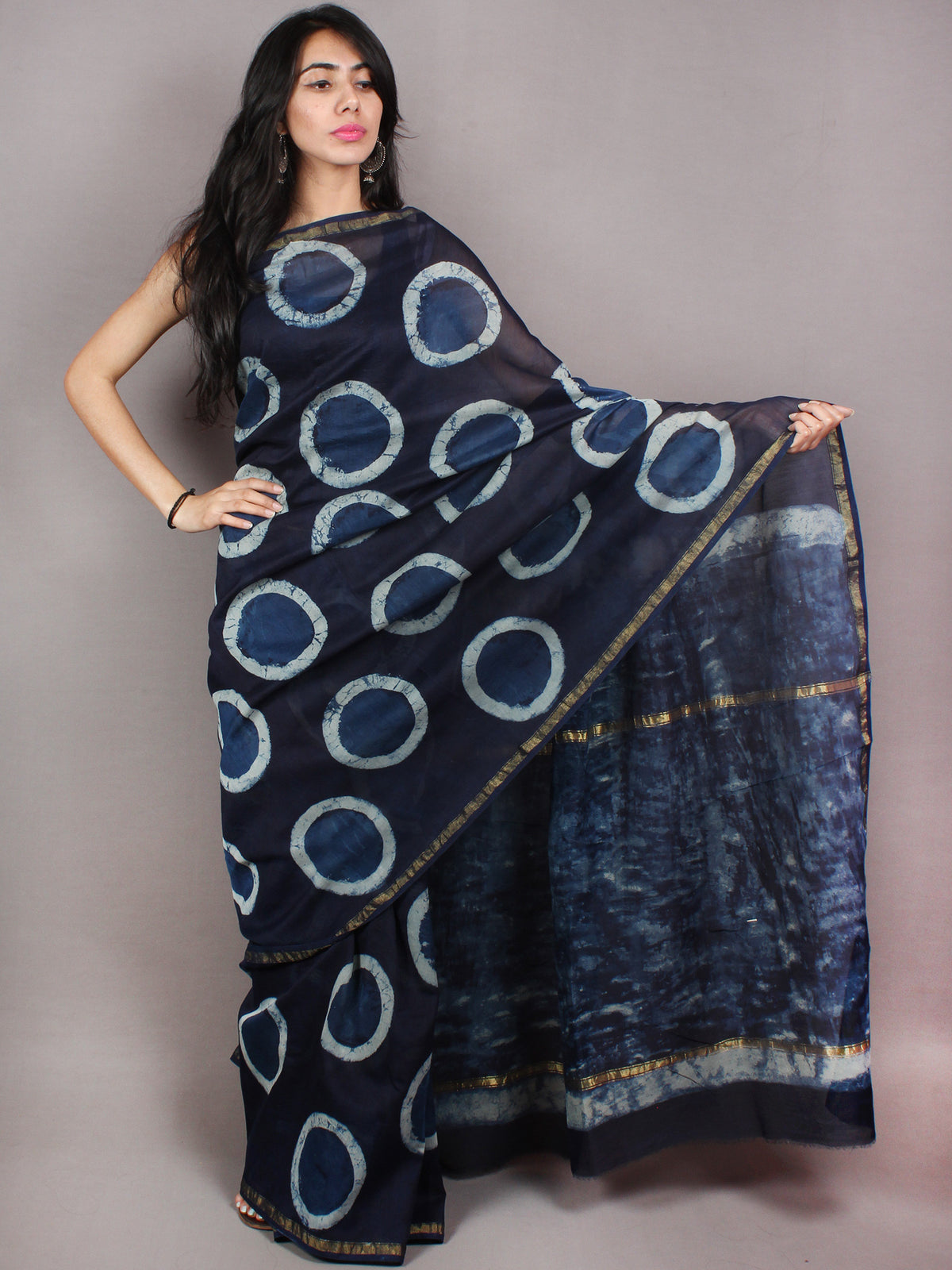 Indigo Ivory Hand Block Printed in Natural Colors Chanderi Saree - S03170783