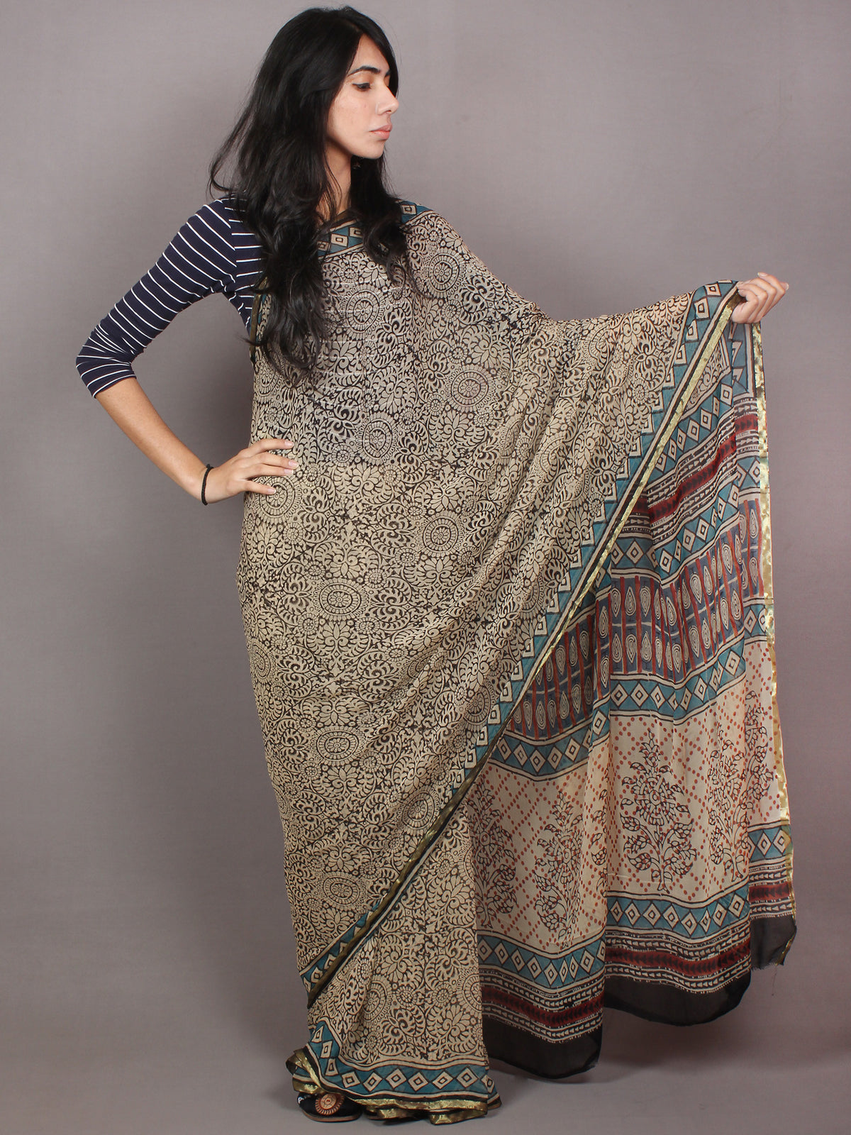 Ivory Black Blue Hand Block Printed in Natural Colors Chiffon Saree - S03170788