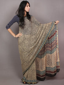 Ivory Black Blue Hand Block Printed in Natural Colors Chiffon Saree - S03170788
