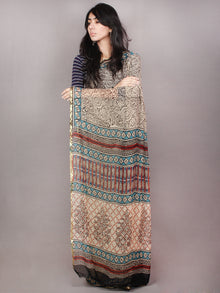 Ivory Black Blue Hand Block Printed in Natural Colors Chiffon Saree - S03170788