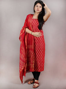 Deep Red Beige Hand Block Printed Chanderi Kurta-Salwar Fabric With Chanderi Dupatta - S1628079