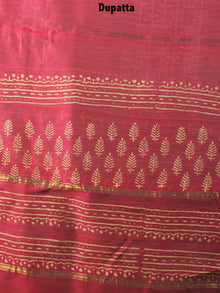Deep Red Beige Hand Block Printed Chanderi Kurta-Salwar Fabric With Chanderi Dupatta - S1628079