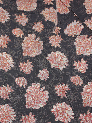Black Beige Brown Hand Block Printed Cotton Cambric Fabric Per Meter - F0916431