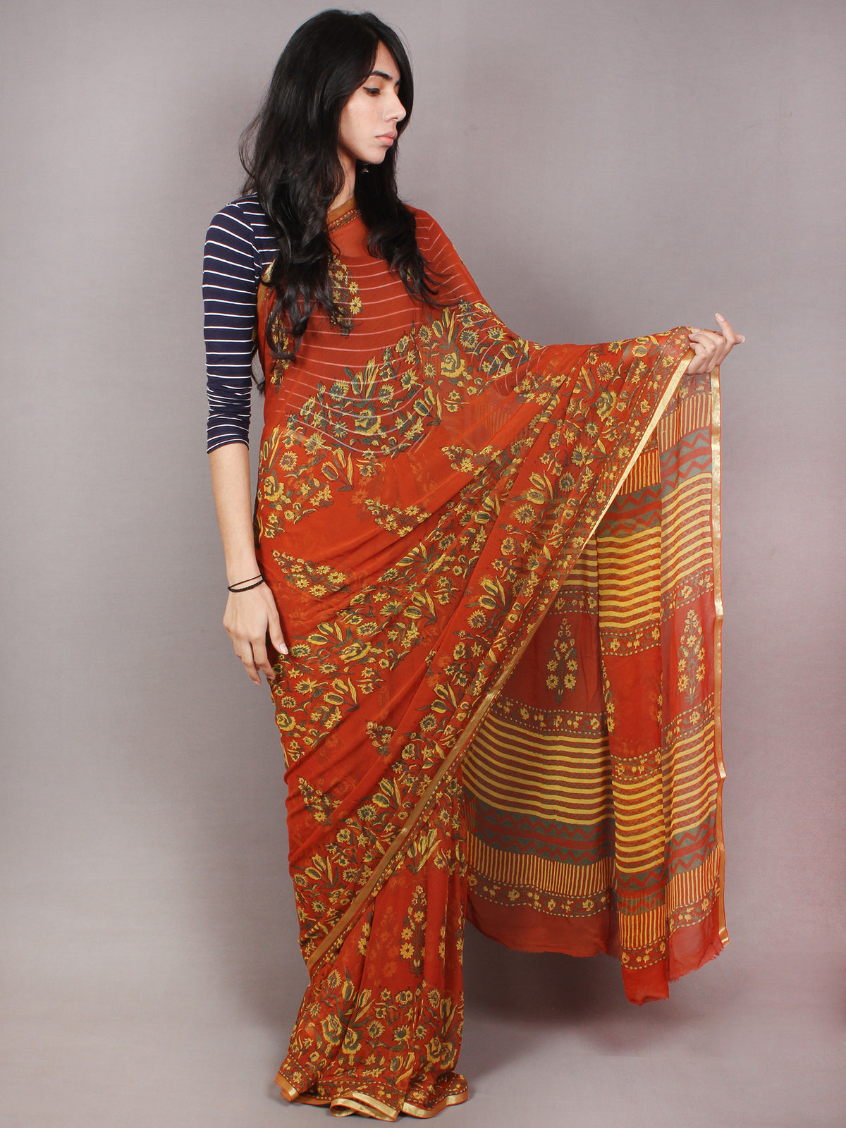 Orange Yellow Grey Hand Block Printed in Natural Colors Chiffon Saree - S03170790