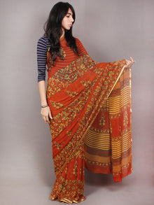 Orange Yellow Grey Hand Block Printed in Natural Colors Chiffon Saree - S03170790