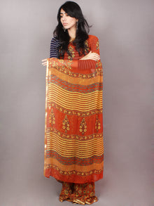 Orange Yellow Grey Hand Block Printed in Natural Colors Chiffon Saree - S03170790